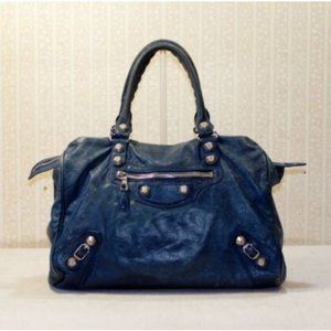 BALENCIAGA Midday Moto City Giant Stud Blue Leather Large Weekender Tote